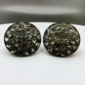 Icy Clear Rhinestone Earrings Silver Tone Clip‎ On Round Button Sparkly Vintage